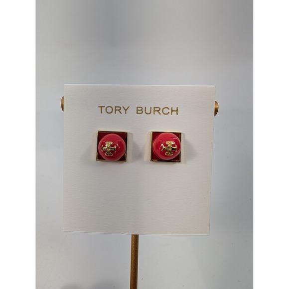 Tory Burch Jewelry - Tory Burch Red Gold Tone Square Logo Stud Earrings - New